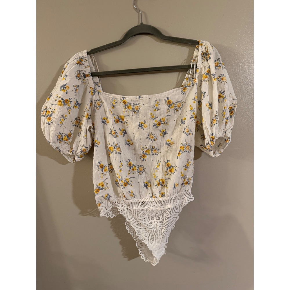 Intimately Free People Floral Puff Sleeve Lace Bodysuit White Yellow Small